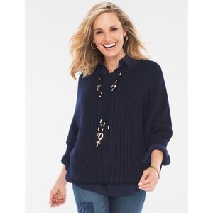 Chico’s Navy Ribbed Batwing Cocoon Pullover Sweater Knit Top Relaxed Dolman M